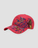 Red baseball cap embroidered with butterflies and purple flower vines