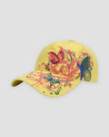 Yellow baseball cap embroidered with butterflies and flower vines