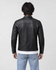 Model wearing the black PU leather jacket, back view