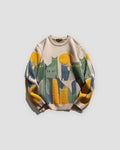 Beige knit sweater with cats under a yellow moon, front view