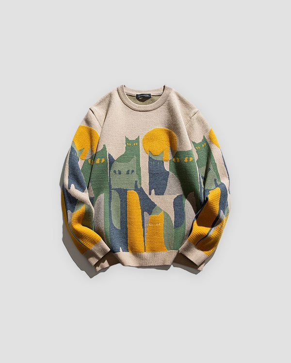 Beige knit sweater with cats under a yellow moon, front view