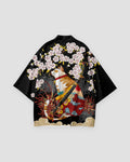 Black haori jacket, back view with a calico cat holding a katana under pink cherry blossoms and red spider lilies