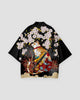 Black haori jacket, back view with a calico cat holding a katana under pink cherry blossoms and red spider lilies