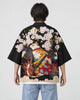 Man seen from behind in the black haori with a calico cat, a katana and pink cherry blossoms on the back, over a white tee