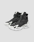 Gray high-top sneakers with white wing overlays and a chunky white sole, side view