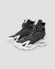 Gray high-top sneakers with white wing overlays and a chunky white sole, side view