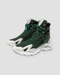 Green high-top sneakers with white wing overlays and a chunky white sole, side view