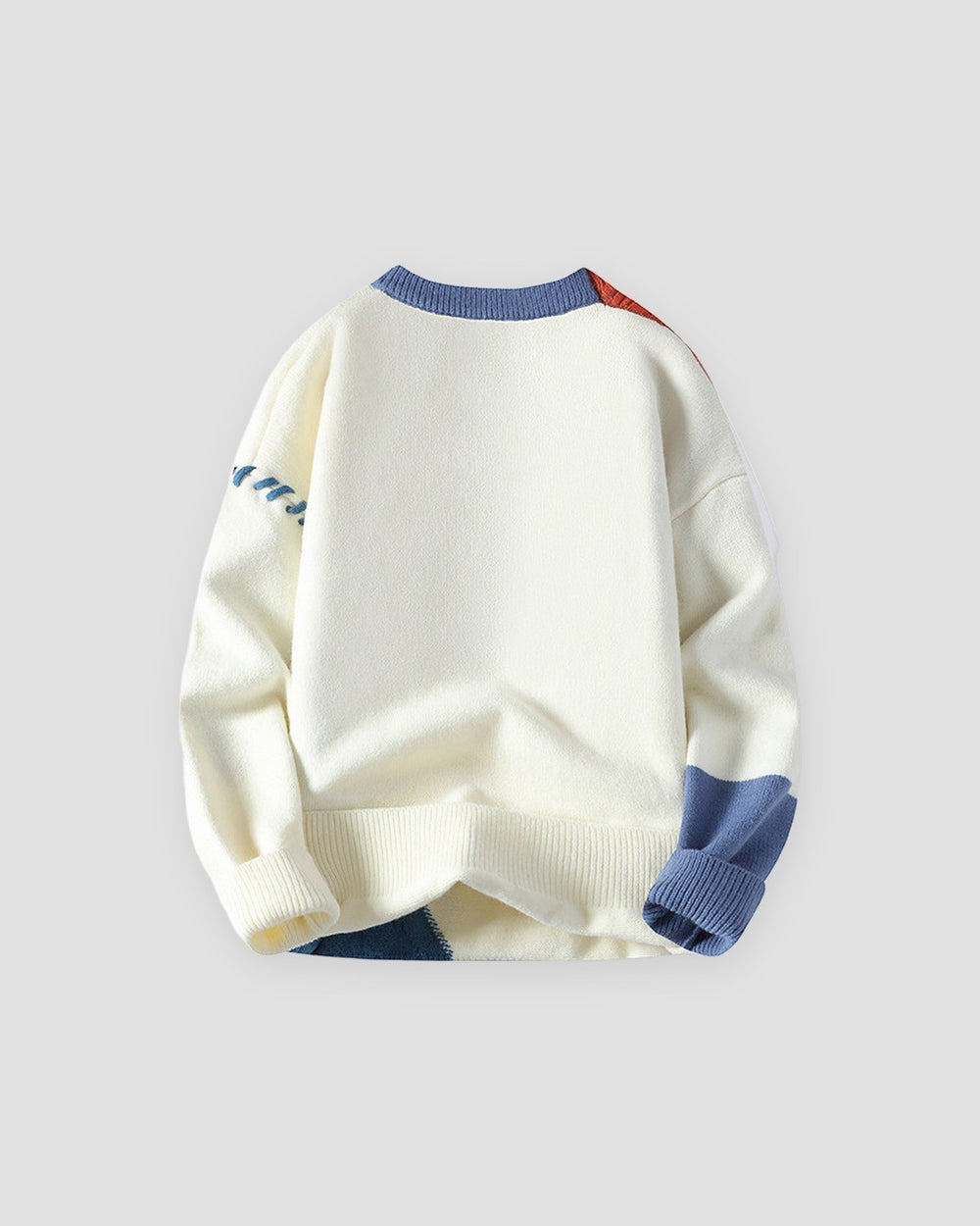Orange and blue cable patch sweater, back view