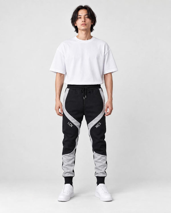 Model wearing the black color block jogger pants with gray panels and a white tee, front view