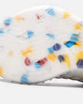 Close-up of the translucent sole with blue, yellow and red granules
