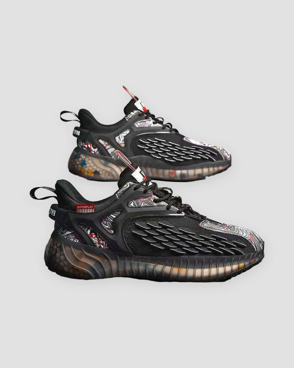 Pair of black knit running sneakers with smoky translucent soles