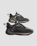 Pair of black knit running sneakers with smoky translucent soles