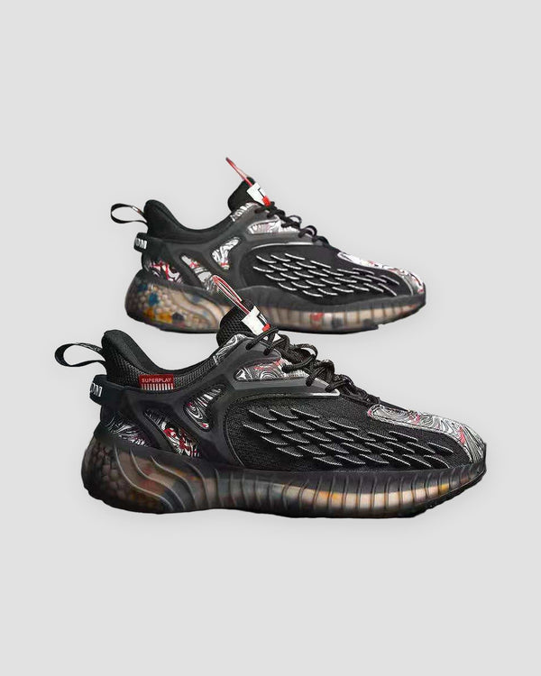 Pair of black knit running sneakers with smoky translucent soles