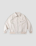 White PU leather zip jacket with olive piping, front view