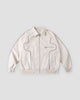 White PU leather zip jacket with olive piping, front view