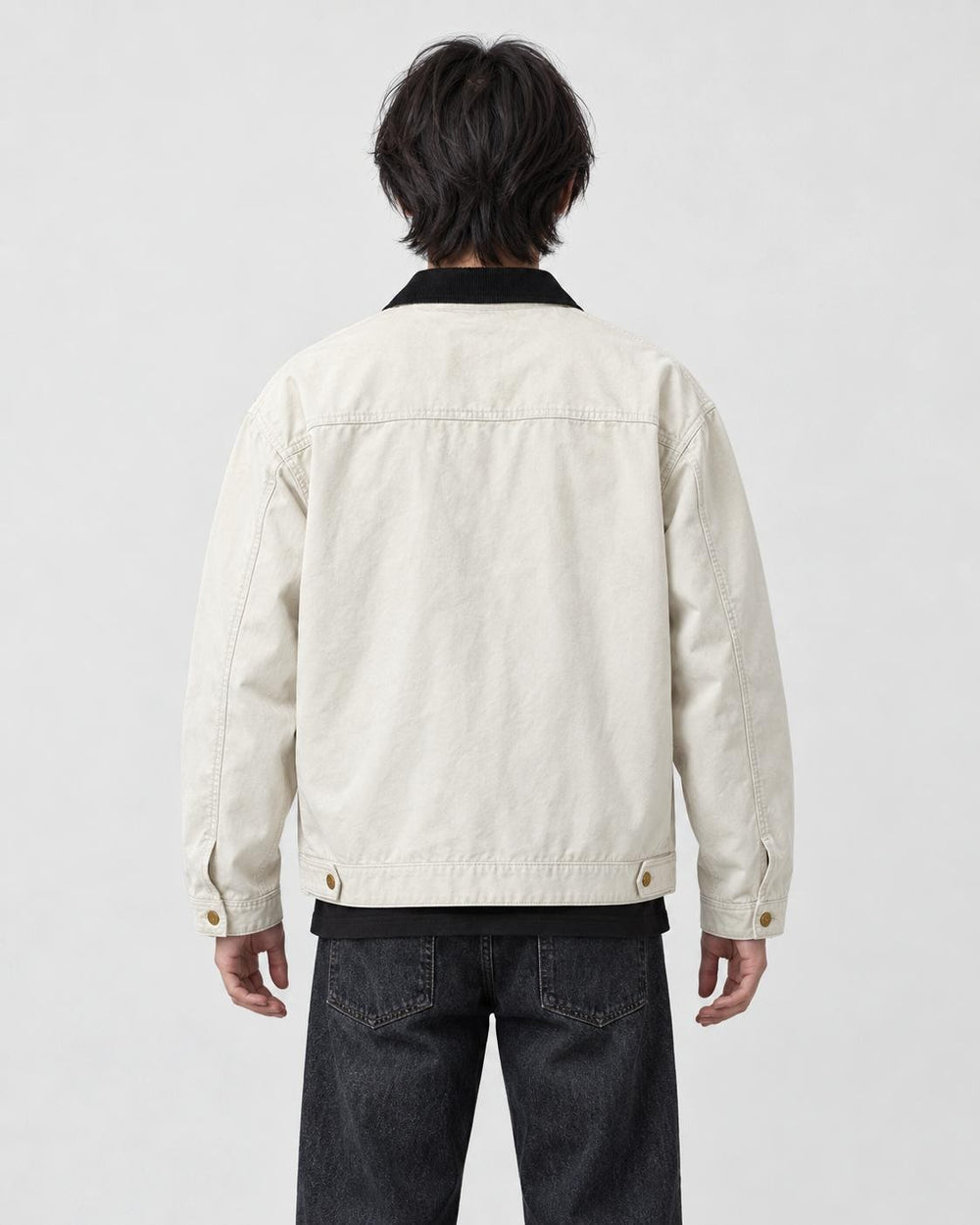 Model wearing the corduroy collar chore jacket, back view