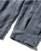 Close-up of the gathered pleated cuff on the blue gray corduroy pants