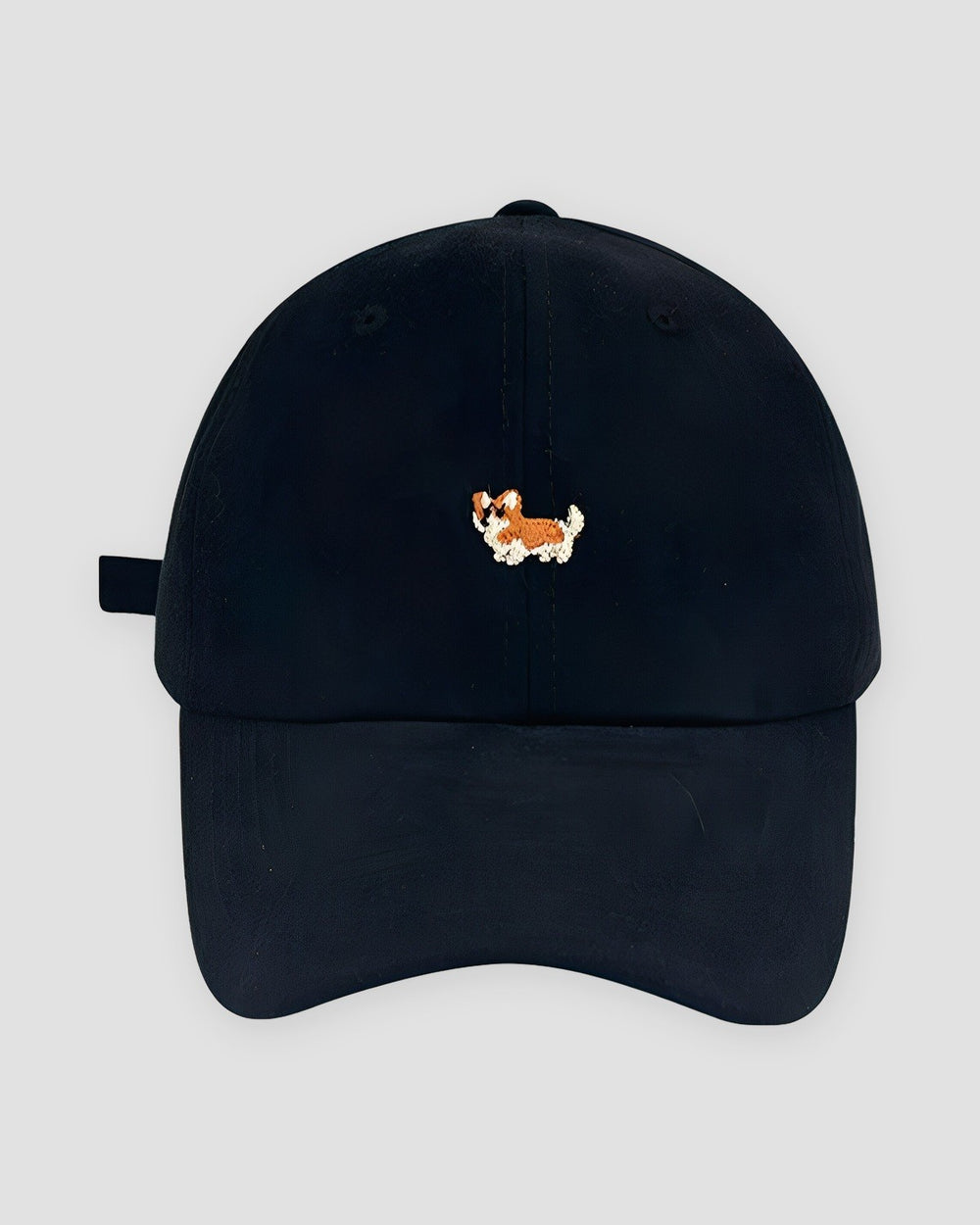 Black cotton baseball cap with a small embroidered corgi on the front