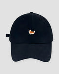 Black cotton baseball cap with a small embroidered corgi on the front