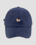 Navy cotton baseball cap with a small embroidered corgi on the front