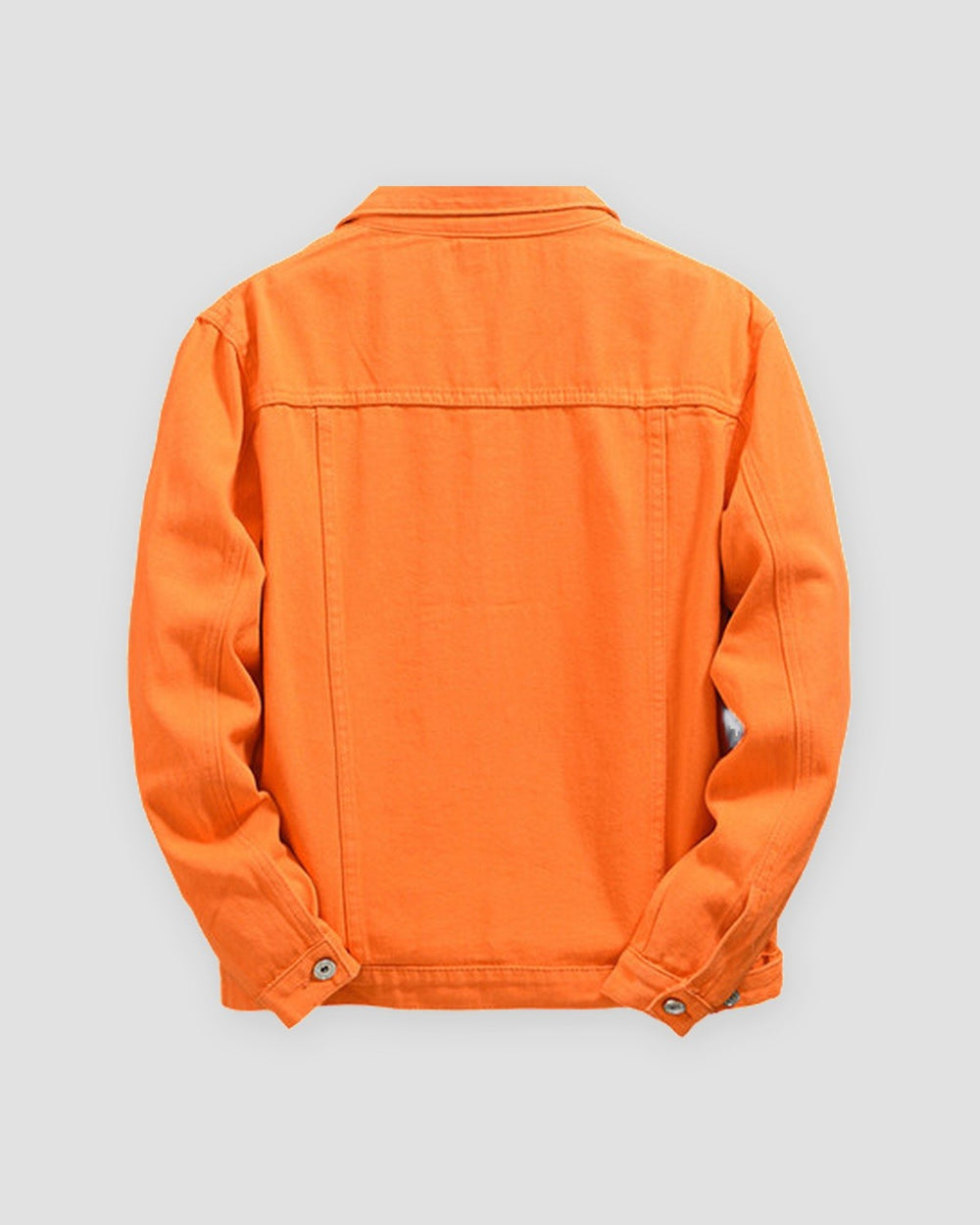 Orange denim trucker jacket, back view, yoke and seam lines in tonal stitching