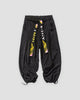Black corduroy wide-leg pants with two embroidered crane tapes, front view