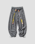 Gray corduroy wide-leg pants with embroidered crane tapes