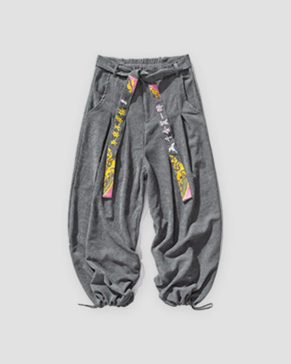 Gray corduroy wide-leg pants with embroidered crane tapes
