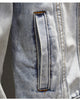 Close-up of a hand pocket on the light-wash denim