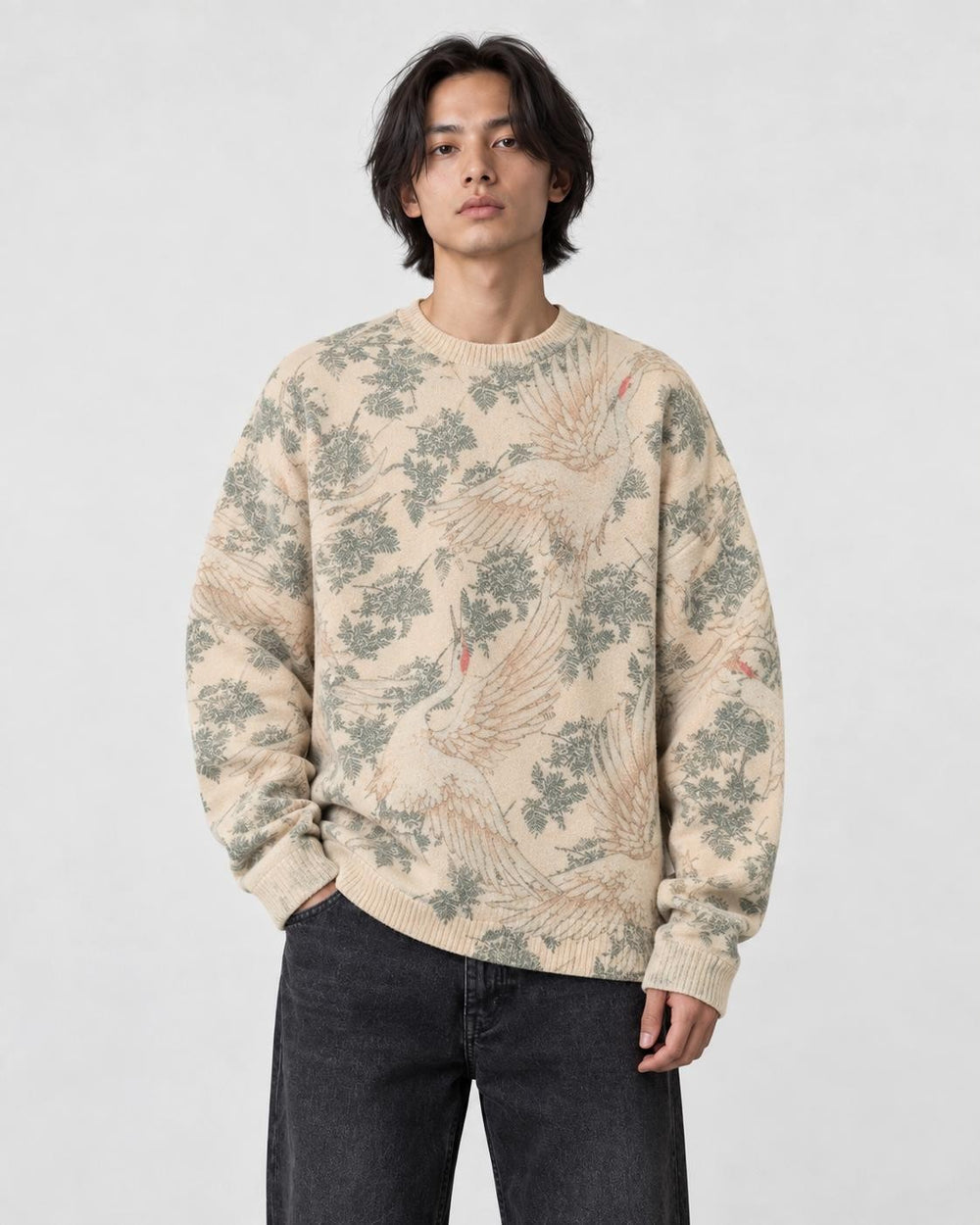 Model wearing the apricot crane print knit sweater with dark jeans, front view