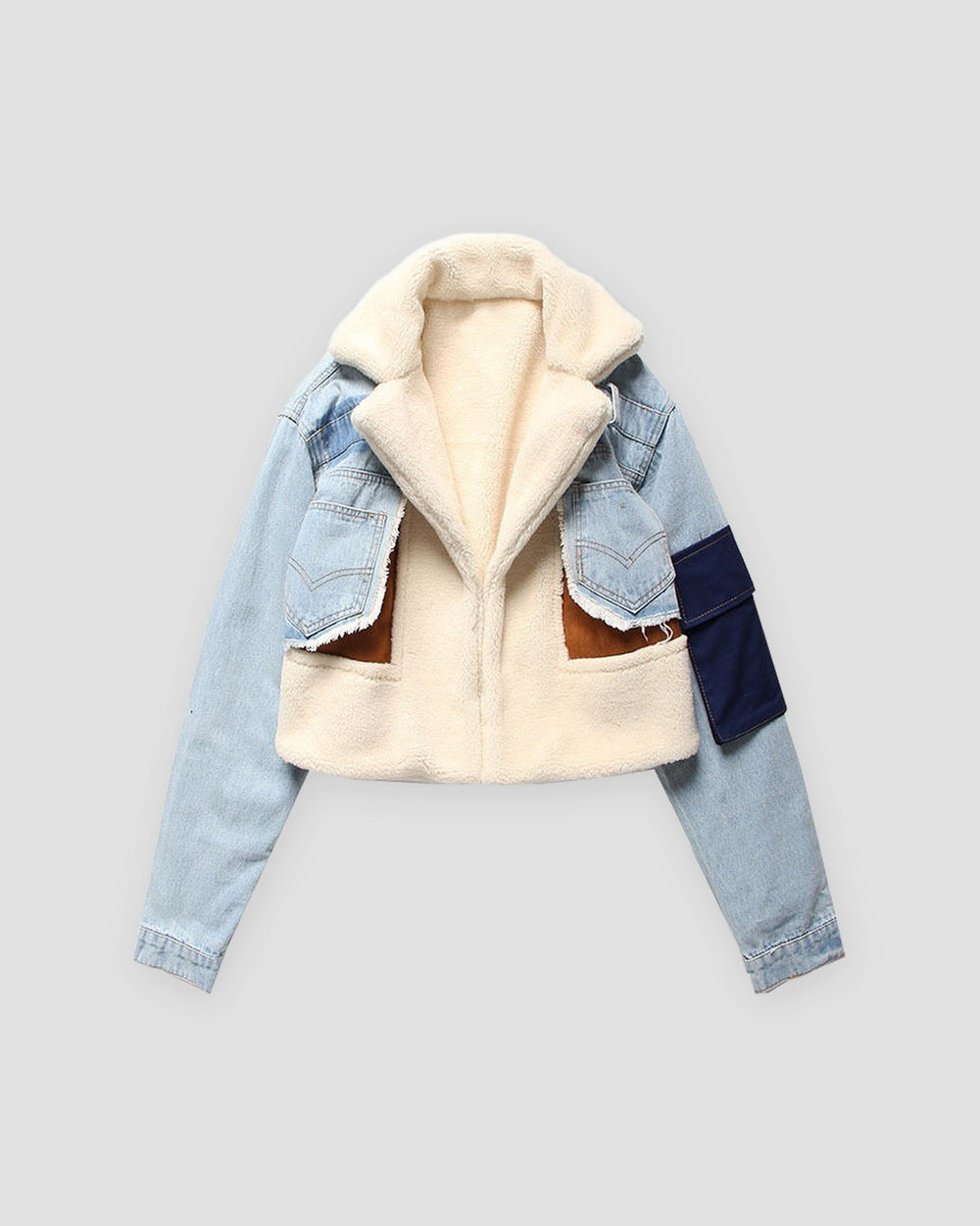Light blue cropped denim jacket, front view, cream fleece front and lapels
