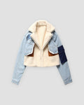 Light blue cropped denim jacket, front view, cream fleece front and lapels