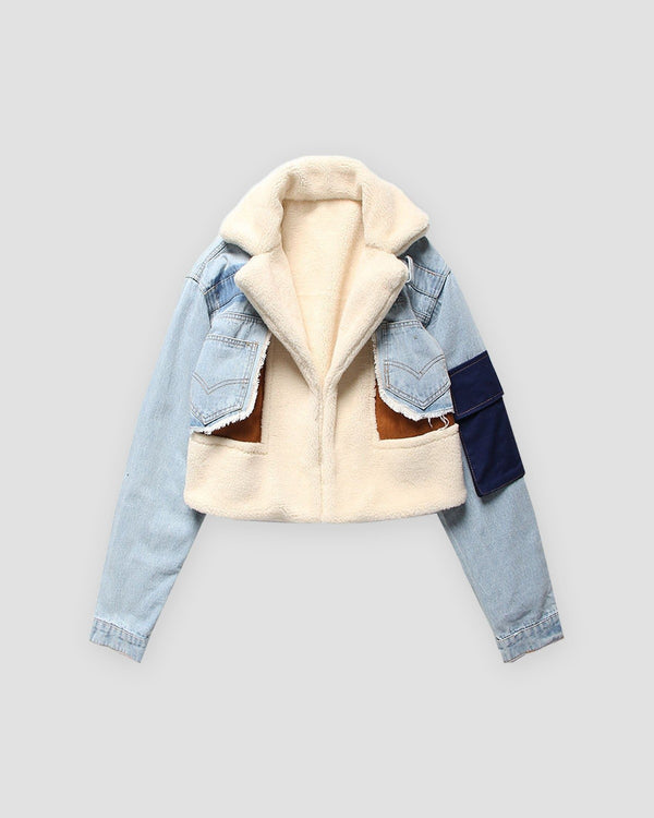 Light blue cropped denim jacket, front view, cream fleece front and lapels