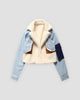 Light blue cropped denim jacket, front view, cream fleece front and lapels