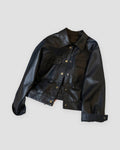 Black cropped PU leather jacket with flap pockets and gold snaps, front view
