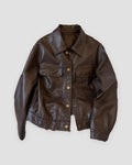 Deep brown cropped PU leather jacket with flap pockets and gold snaps, front view