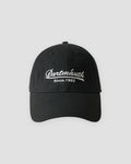 Black dad cap with white cursive script embroidery, front view