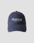 Navy blue dad cap with white cursive script embroidery, front view