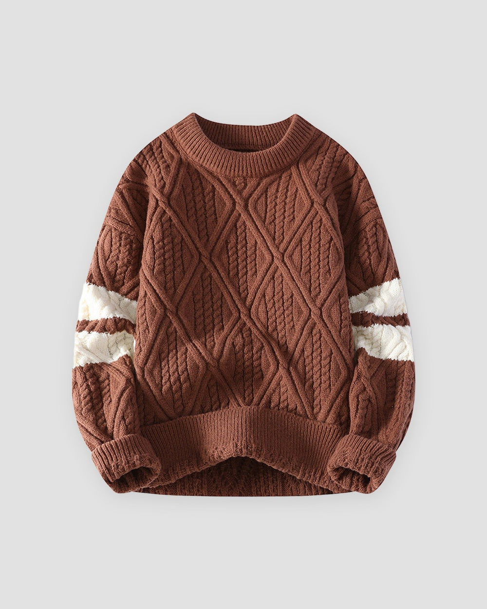 Brown diamond cable knit sweater with cream sleeve stripes