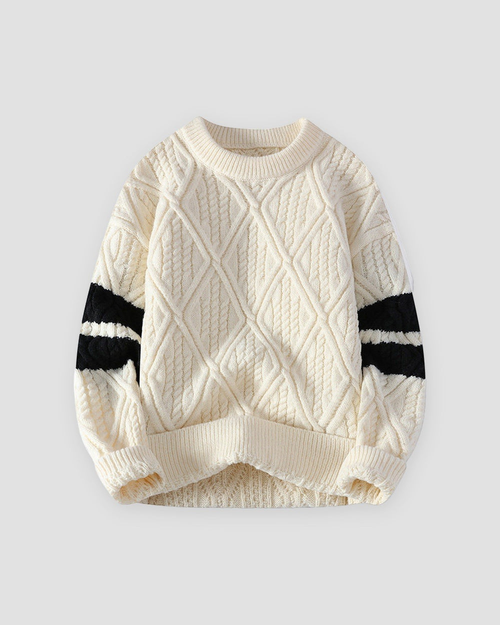 Cream diamond cable knit sweater with black sleeve stripes