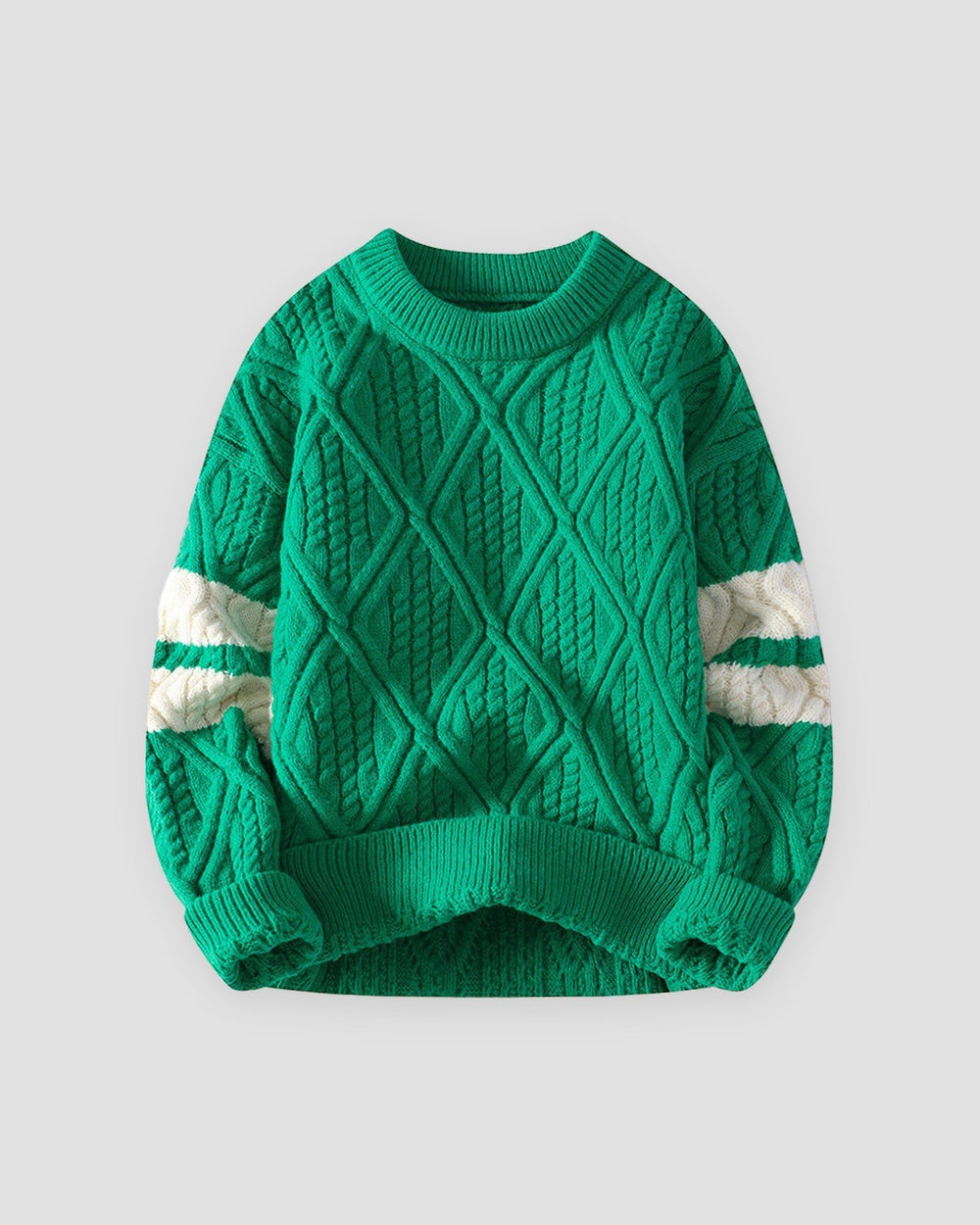 Green diamond cable knit sweater with cream sleeve stripes