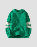 Green diamond cable knit sweater with cream sleeve stripes