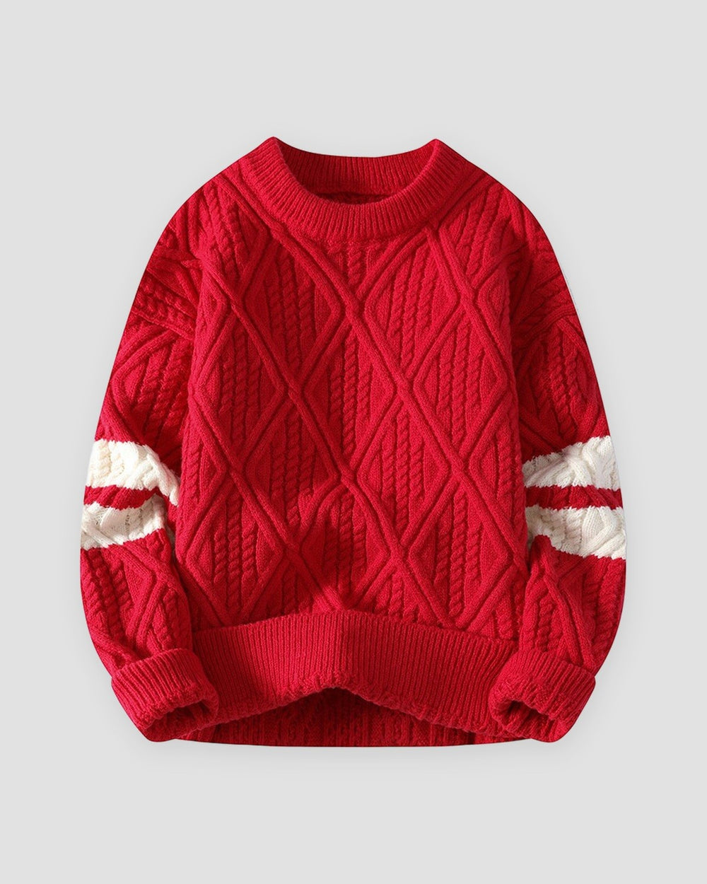 Red diamond cable knit sweater with cream stripes on the sleeves