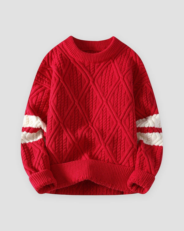Red diamond cable knit sweater with cream stripes on the sleeves
