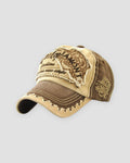 Brown distressed patch cap, three-quarter view, tan patch and brown brim