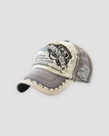 Gray distressed patch cap, three-quarter view, black tiger face on the patch