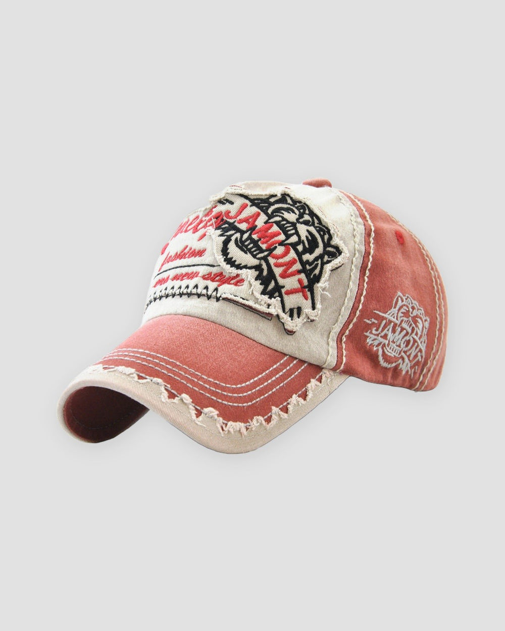 Washed red distressed patch cap, three-quarter view, red script lettering