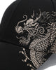 Close view of the dragon's head printed in metallic silver ink on black cotton twill
