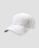 White baseball cap with a pale taupe dragon printed across the side and calligraphy on the brim