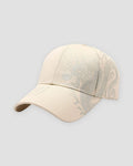 Beige dragon embroidered baseball cap, front view, pale dragon embroidery along the crown